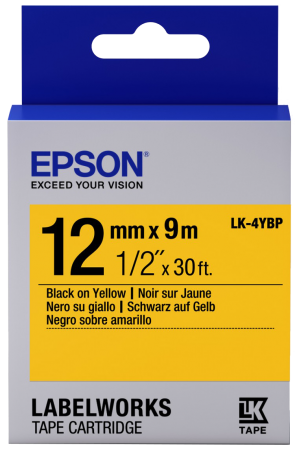 เทปพิมพ์ฉลาก Epson LK-4YBP 12 mm อักษรดำบนพื้นเหลือง (9m)