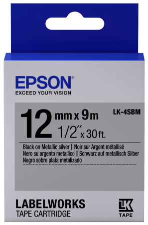 เทปพิมพ์ฉลาก Epson LK-4SBM 12 mm อักษรดำบนพื้นเงิน (9m)