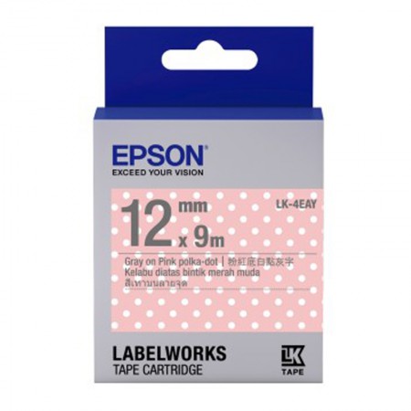 เทปเครื่องพิมพ์ฉลาก Epson LabelWorks LK-4EAY 12 mm อักษรเทาบนพื้นชมพูลายจุด (9M)