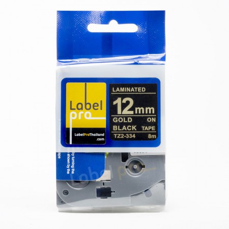 เทปพิมพ์ อักษร ฉลาก เทียบเท่า Label Pro สำหรับ Brother TZe-334 TZe334 TZe 334 (TZ2-334) 12 มม. พื้นสีดำอักษรสีทอง