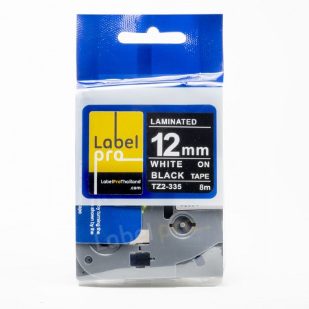 เทปพิมพ์ อักษร ฉลาก เทียบเท่า Label Pro สำหรับ Brother TZe-335 TZe335 TZe 335 (TZ2-335) 12 มม. พื้นสีดำอักษรสีขาว