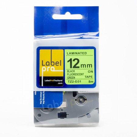 เทปพิมพ์ อักษร ฉลาก เทียบเท่า Label Pro สำหรับ Brother TZe-D31 TZeD31 TZe D31 (TZ2-D31) 12 มม. พื้นสีขียวสะท้อนแสงอักษรสีดำ