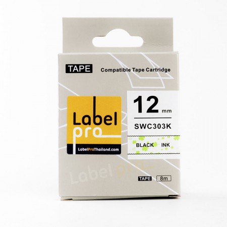 เทปพิมพ์ อักษร ฉลาก Label Pro SWC303K 12 มม. พื้นสีขาวลายใบไม้อักษรสีดำ