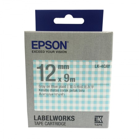 เทปเครื่องพิมพ์ฉลาก Epson LabelWorks LK-4CAY 12 mm อักษรเทาบนพื้นตารางฟ้า (9m)