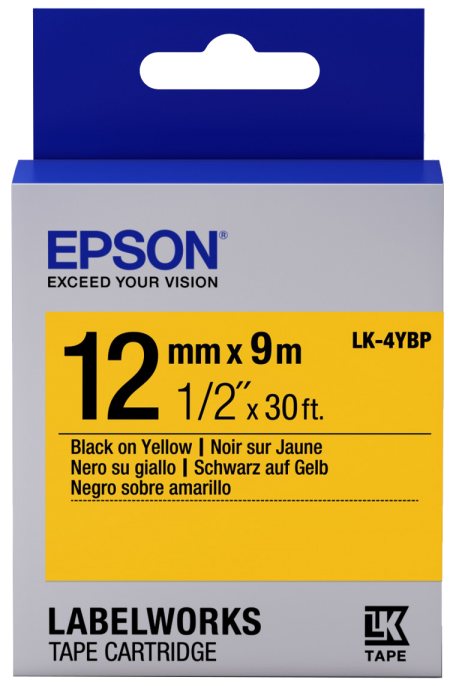 เทปพิมพ์ฉลาก Epson LK-4YBP 12 mm อักษรดำบนพื้นเหลือง (9m)