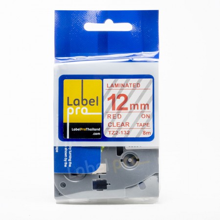 เทปพิมพ์ อักษร ฉลาก เทียบเท่า Label Pro สำหรับ Brother TZe-132 TZe132 TZe 132 (TZ2-132) 12 มม. พื้นสีใสอักษรสีแดง