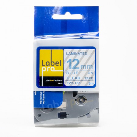 เทปพิมพ์ อักษร ฉลาก เทียบเท่า Label Pro สำหรับ Brother TZe-133 TZe133 TZe 133(TZ2-133) 12 มม. พื้นสีใสอักษรสีน้ำเงิน