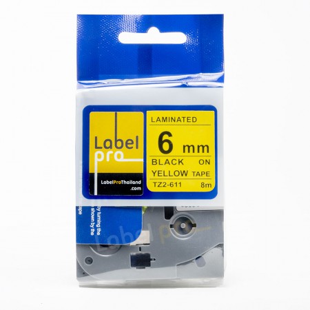 เทปพิมพ์ อักษร ฉลาก เทียบเท่า Label Pro สำหรับ Brother TZe-611 TZe611 TZe 611 (TZ2-611) 6 มม. พื้นสีเหลืองอักษรสีดำ