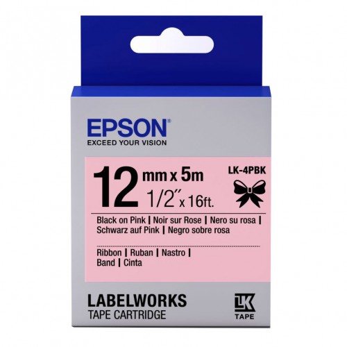 เทปพิมพ์ฉลาก Epson LK-4PBK Ribbon 12 mm อักษรดำบนพื้นชมพู (5m)