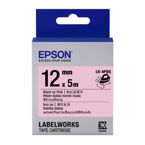 เทปเครื่องพิมพ์ฉลาก Epson LK-4PBQ 12 mm อักษรดำบนพื้นชมพู สำหรับรีดติดบนผ้า (5m)