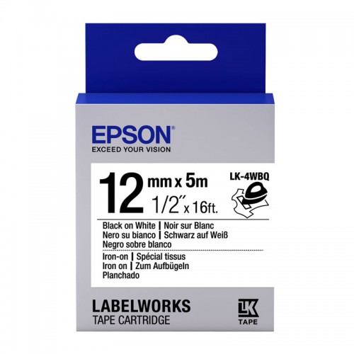 เทปเครื่องพิมพ์ฉลาก Epson LK-4WBQ 12 mm อักษรดำบนพื้นขาว สำหรับรีดติดบนผ้า (5m) 