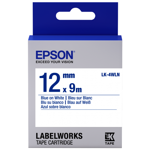 เทปพิมพ์ฉลาก Epson LK-4WLN 12 mm อักษรน้ำเงินบนพื้นขาว (9m)