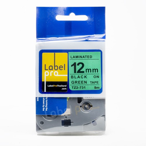 เทปพิมพ์ อักษร ฉลาก เทียบเท่า Label Pro สำหรับ Brother TZe-731  TZe731 TZe 731  (TZ2-731) 12 มม. พื้นสีเขียวอักษรสีดำ