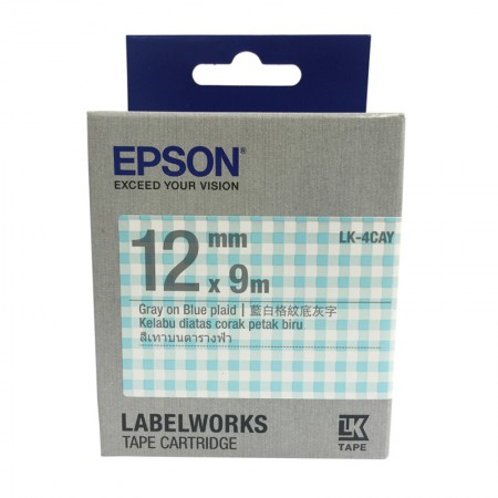 เทปเครื่องพิมพ์ฉลาก Epson LabelWorks LK-4CAY 12 mm อักษรเทาบนพื้นตารางฟ้า (9m)