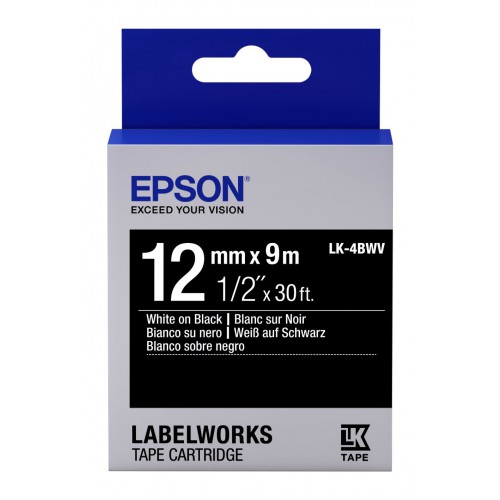 เทปพิมพ์ฉลาก Epson LK-4BWV 12 mm อักษรขาวบนพื้นดำ (9m)