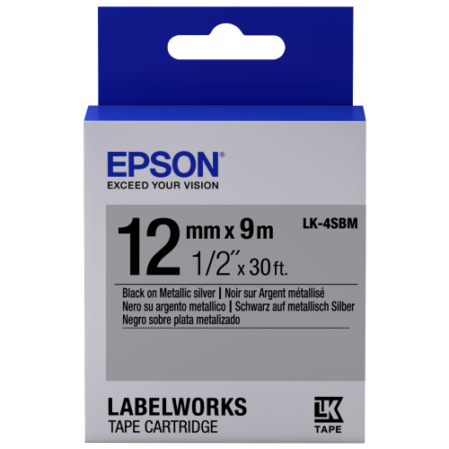 เทปพิมพ์ฉลาก Epson LK-4SBM 12 mm อักษรดำบนพื้นเงิน (9m)