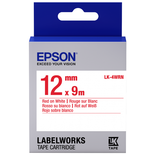 เทปพิมพ์ฉลาก Epson LK-4WRN 12 mm อักษรแดงบนพื้นขาว (9m)